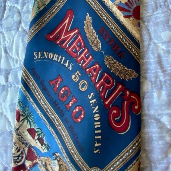 Agio Mehari's Senorita Cigar Men's Silk Tie Blue Red Cigar Box Logo 58x3 1/2" - Picture 2 of 8